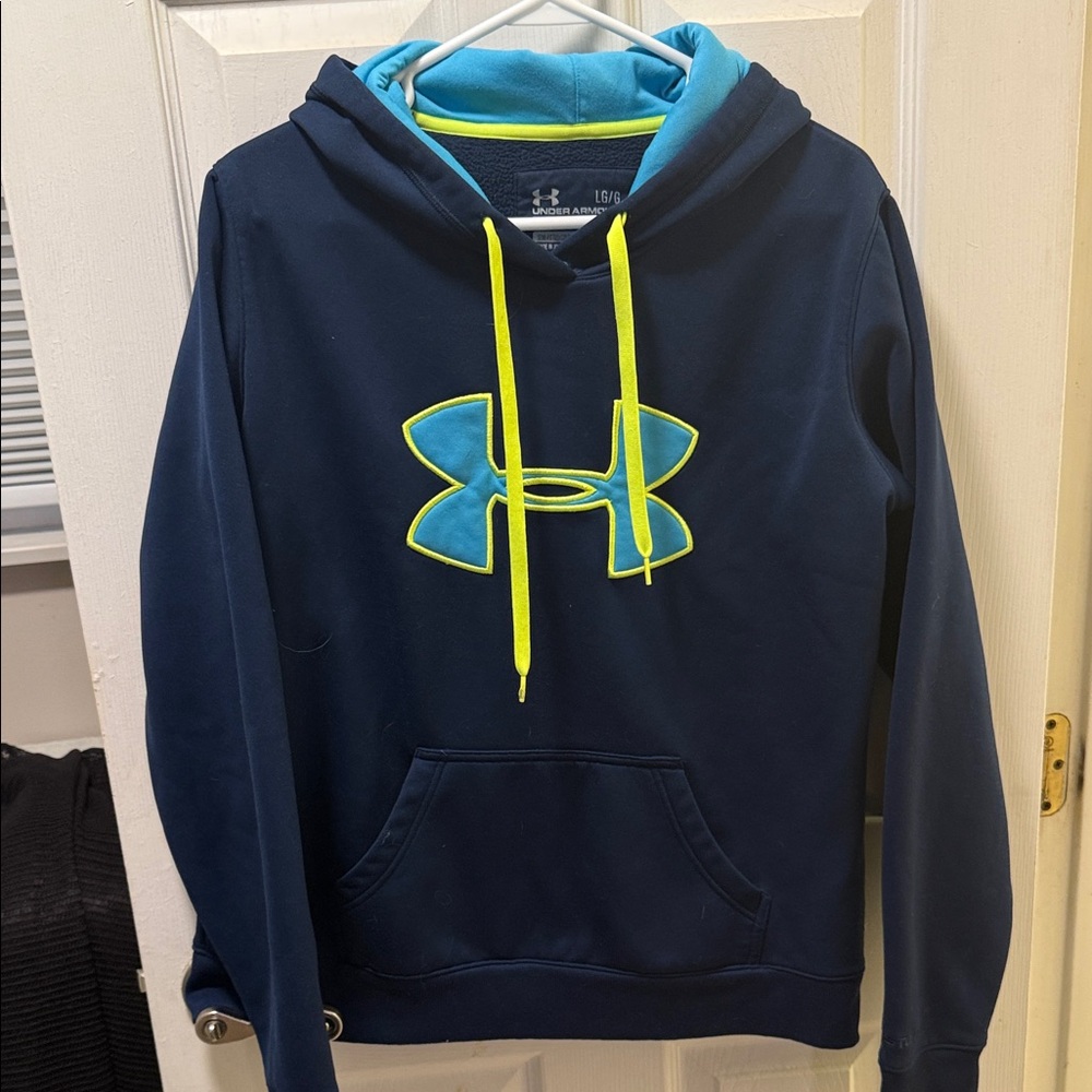 Under Armour Men's Dark Blue Hoodie with Bright Yellow and Light Blue Size L